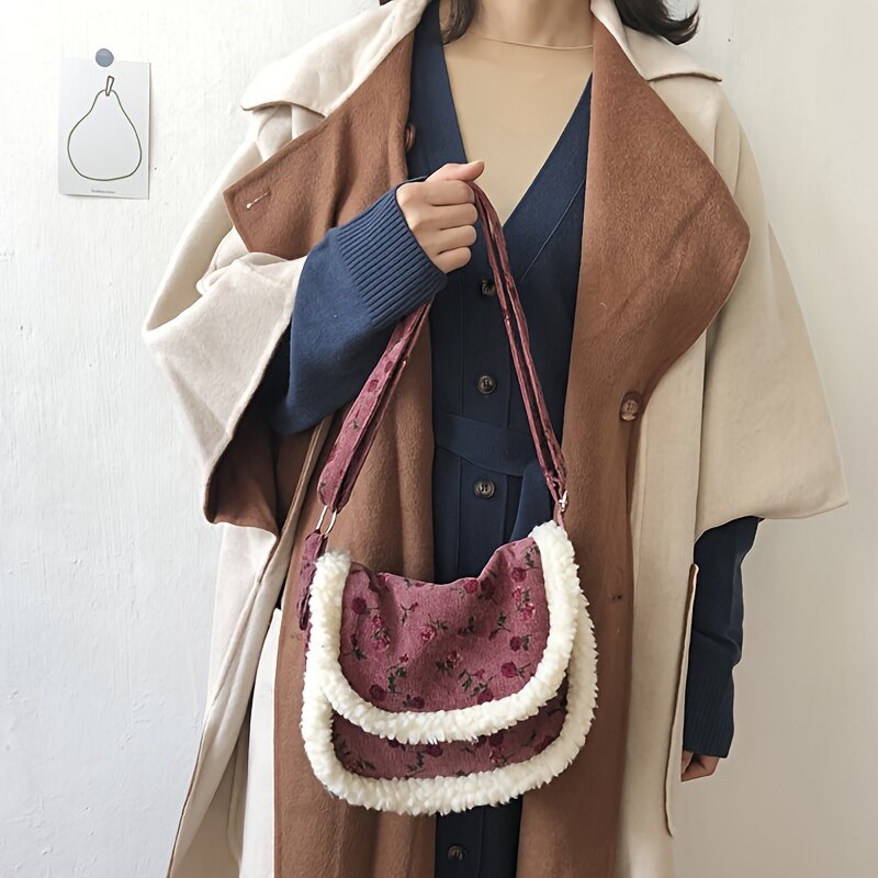 Pequena bolsa de veludo cordeiro emendada, estilo preguiçoso, versátil, nova, outono e inverno