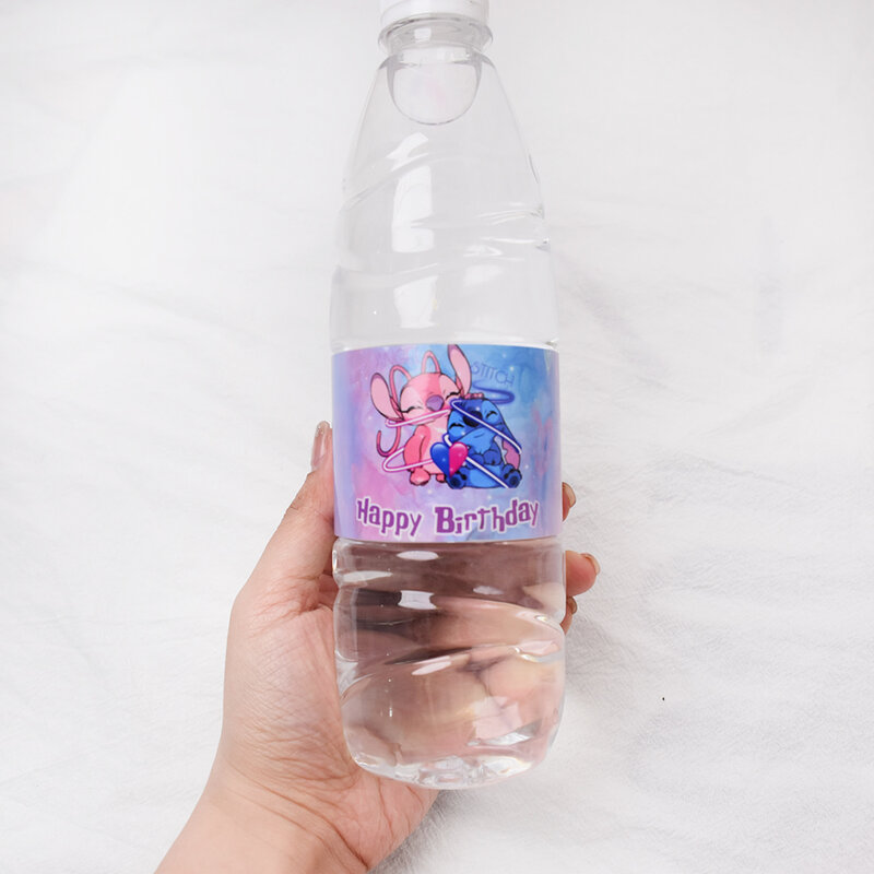 Label botol air untuk Disney Lilo and Stitch, stiker dekorasi perlengkapan pesta ulang tahun untuk pesta Baby Shower anak laki-laki dan perempuan
