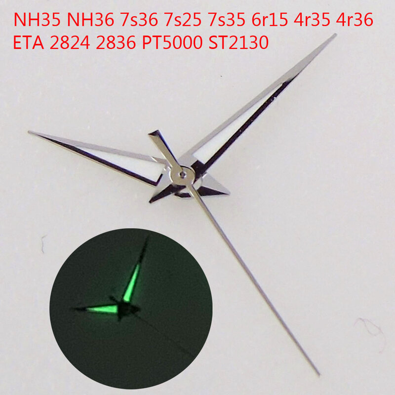 Borda prata Relógio de Ponteiro de Mão para NH35 NH36 7s36 7s35 6r15 4r35 4r36 ETA 2824 2836 PT5000 ST2130 Lume Verde Agulha para SKX