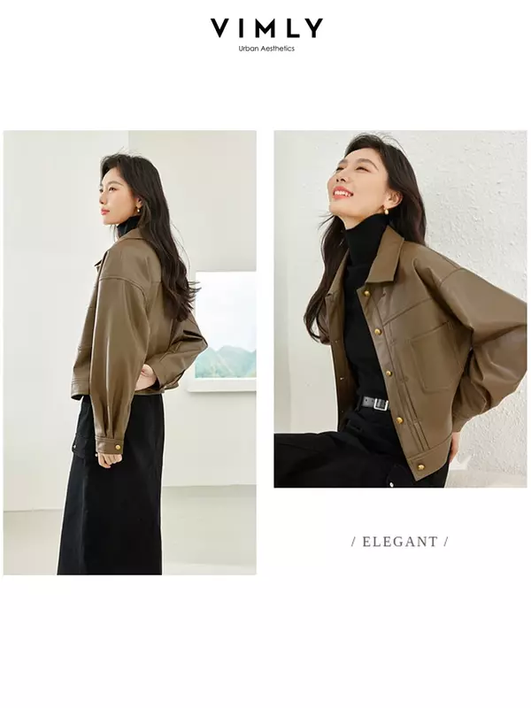 Vimly Women's Faux Leather Motorcycle Jackets 2023 Autumn Winter Lapel Short Brown Pu Leather Coats Female Clothing 16087
