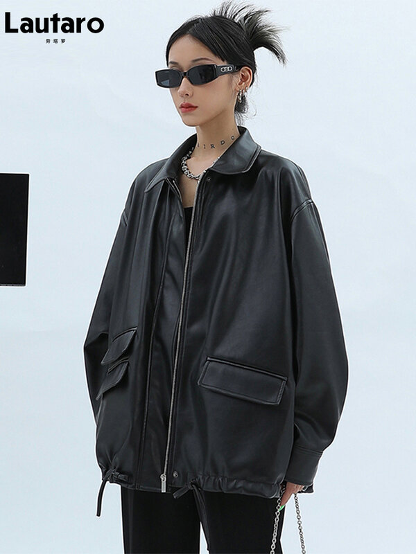 Lautaro 봄 가을 대형 캐주얼 방수 검은 부드러운 Pu 가죽 자켓 여성 드롭 어깨 긴 소매 패션 2022