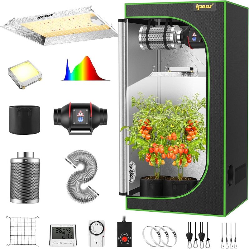 IPOW Grow Tent Kit Complete System 2x2 Ft LED Grow Light Dimmable Full Spectrum Indoor Grow Tent Kit 24"x24"x55" Hydroponics