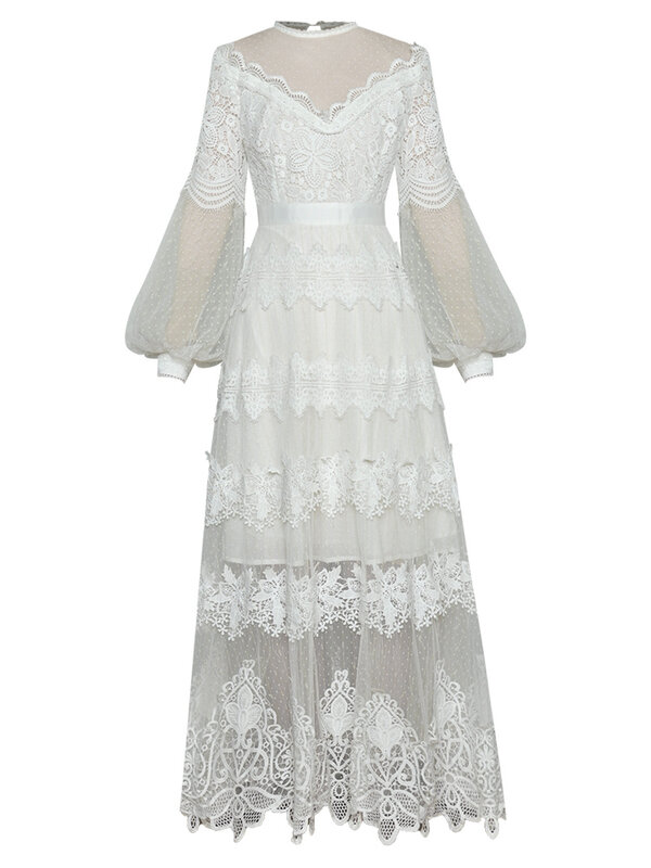 女性のための刺meshメッシュドレス,ランタンスリーブの白いドレス,ファッショナブルなデザイナーの新しい春のパーティードレス