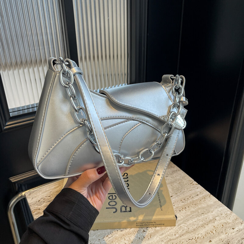 Silver Leather Crossbody Bags for Women Luxury 2023 Y2k Korean Fashion Underarm Shoulder Bag Female Armpit Bag Handbags