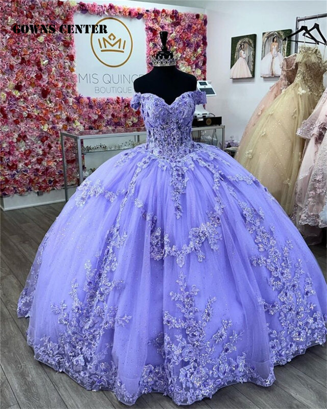 Neue lila Spitze Applikation Perlen Quince anera Kleider Ballkleid von der Schulter Korsett süß 15 Kleid Vestidos de 15 Años