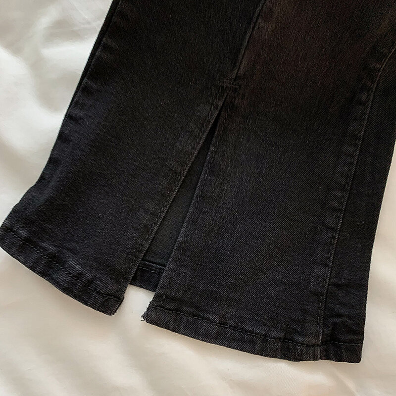 Женские черные джинсы на весну и осень, новые универсальные расклешенные брюки с высокой талией и разрезом, модные эластичные облегающие джинсовые брюки для девочек