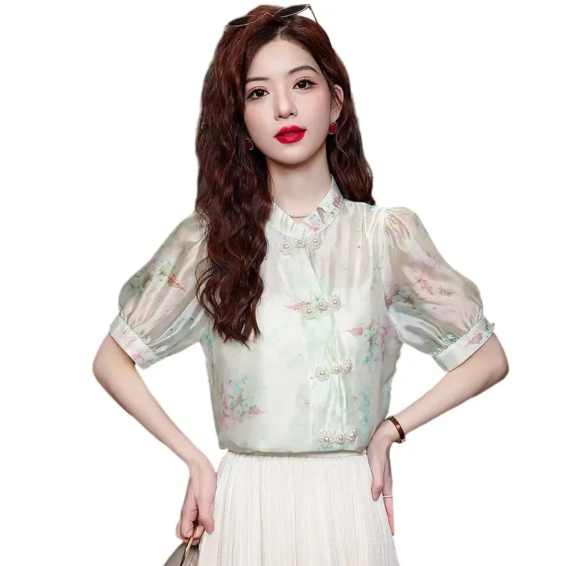 Chiffon Borduurwerk Dames Shirt Zomer Bloem Chinese Stijl Blouses Losse Korte Mouw Vrouwen Tops Mode Kleding Ycmyunyan