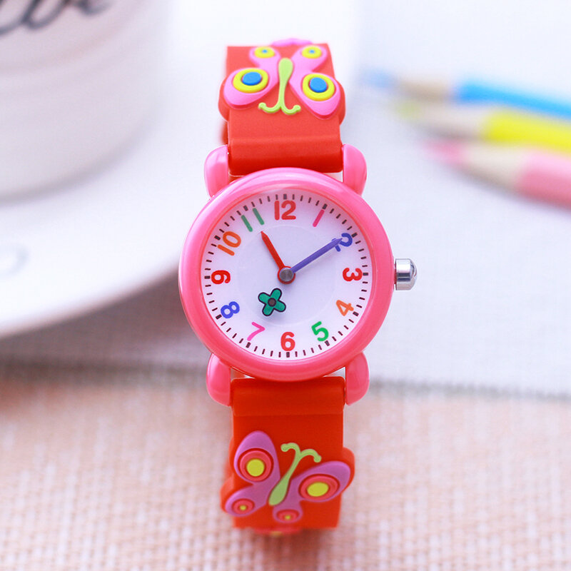 Lovely Cute Girls Woman 3D Butterfly Rotate Grass Hands Quartz Watches Beauty Flowers Pink Purple Five Colors For Baby Students