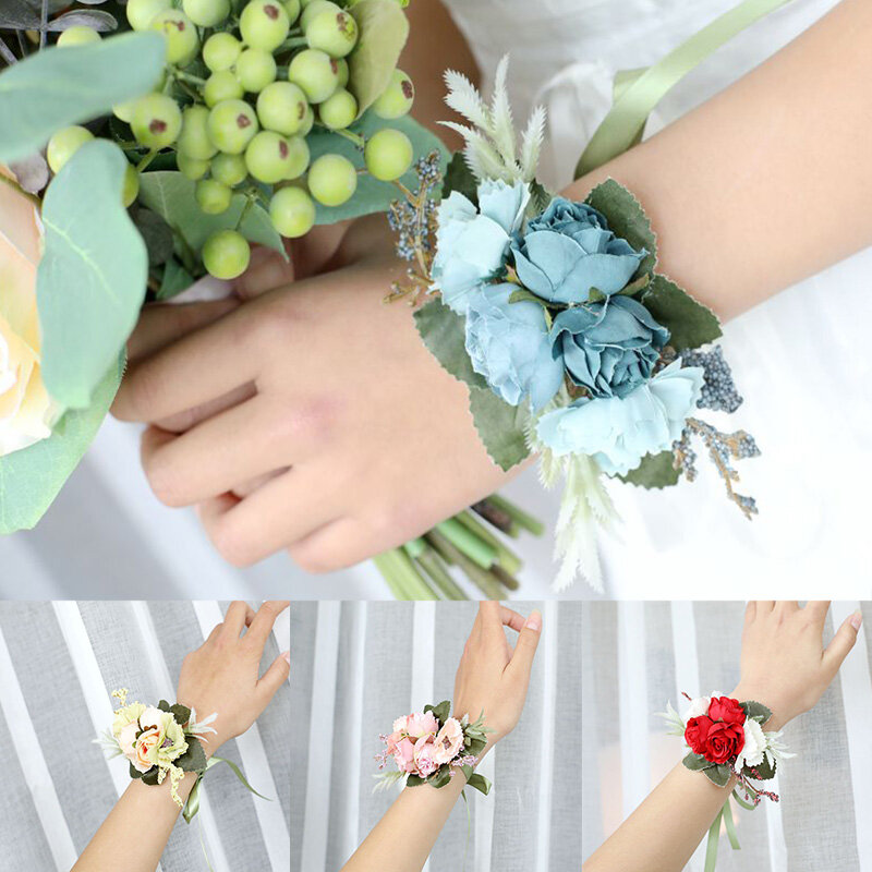 Bunga pergelangan tangan korsase pengiring pengantin wanita bunga buatan tangan sutra buatan gelang mawar bunga untuk dekorasi pesta dansa pernikahan