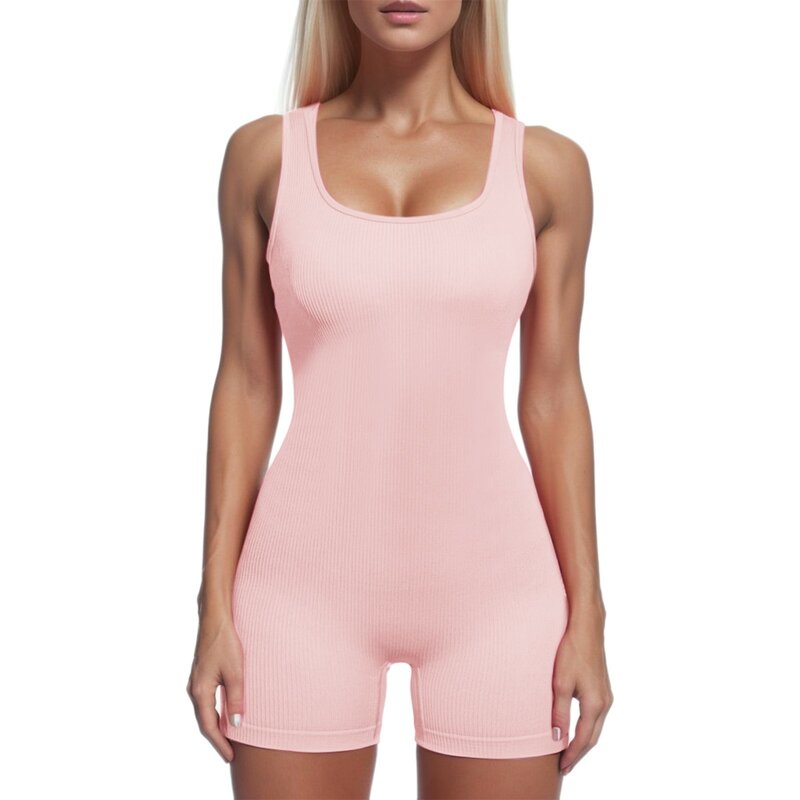 Women Yoga Rompers Bodysuits Jumpsuit Workout Ribbed Square Neck Sleeveless Sport Romper Sports Jumpsuit Stretch Jumper