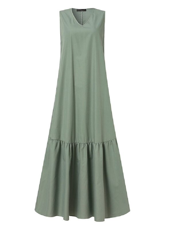 Женский летний сарафан ZANZEA, винтажное однотонное платье с оборками, Повседневное платье макси с V-образным вырезом, женское плиссированное платье без рукавов