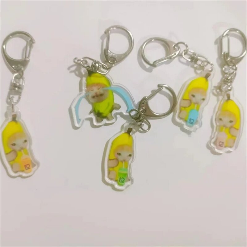 2023 Happy Banana Cat Pendant Keychain Funny Resin Lanyard Small Link Chain Maxwell Cat Keychain Student Gift Bag Accessories