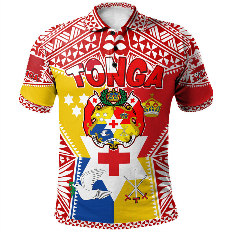 Polo graphique tonga hawaïen pour hommes, blason imprimé en 3D, manches courtes, t-shirts pour enfants, vêtements à revers