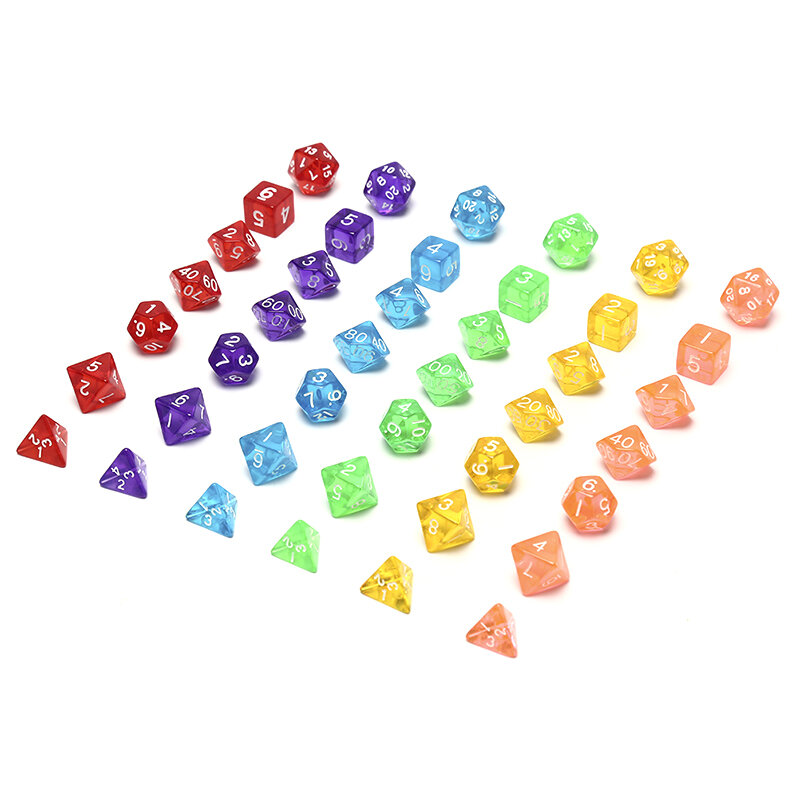 7 buah/lot Set dadu transparan D4,D6,D8,D10,D10 %,D12,D20 6 warna warna yang berbeda