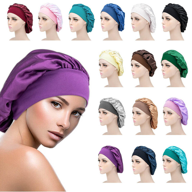 Comfortable Wide Silk Lady Women Bath Hair Care Hair Cap Satin Bonnet Shower Caps Sleeping Hat