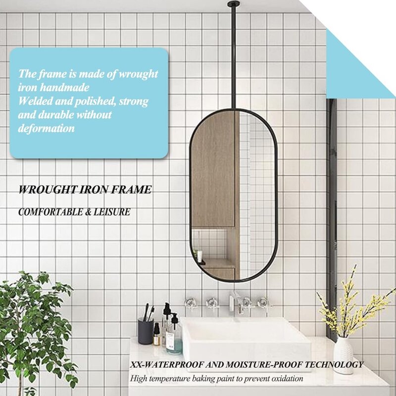 Bathroom Wall Mirror, Oval Bathroom Mirror, Metal Frame Hanging Mirror, Modern Nordic Standing or Hotel Horizontal Mirror