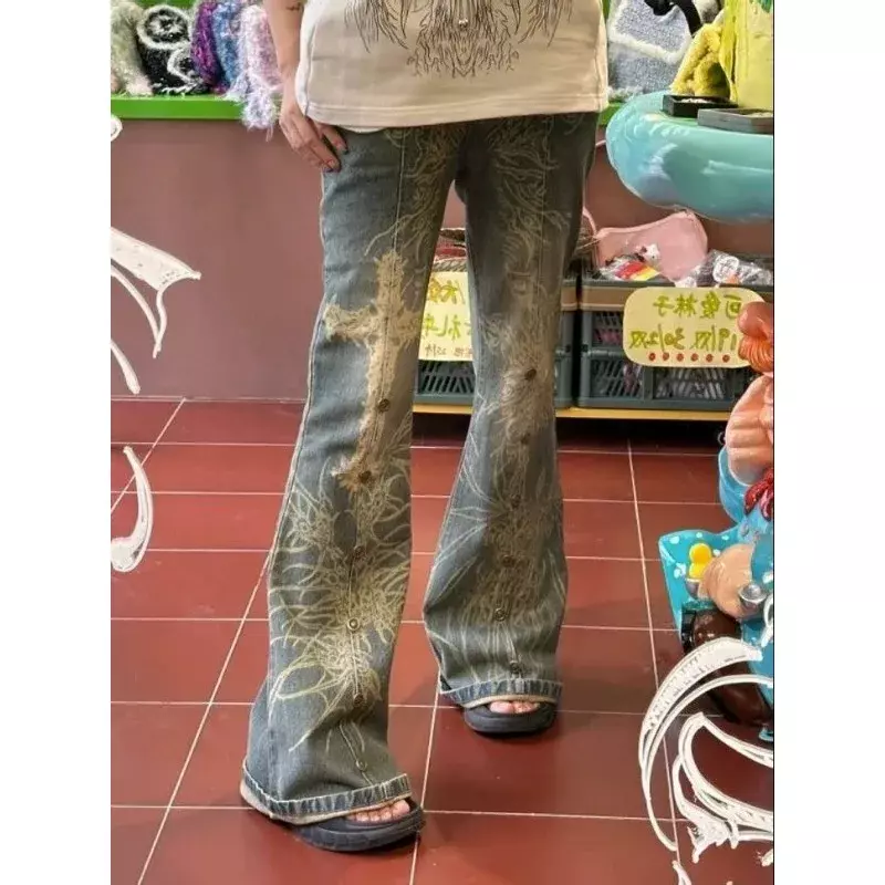 Deeptown Vintage Y2k Grunge Flare Jeans Woman Coquette Streetwear Wide Leg Denim Pants Female Harajuku Gyaru Trousers Hippie