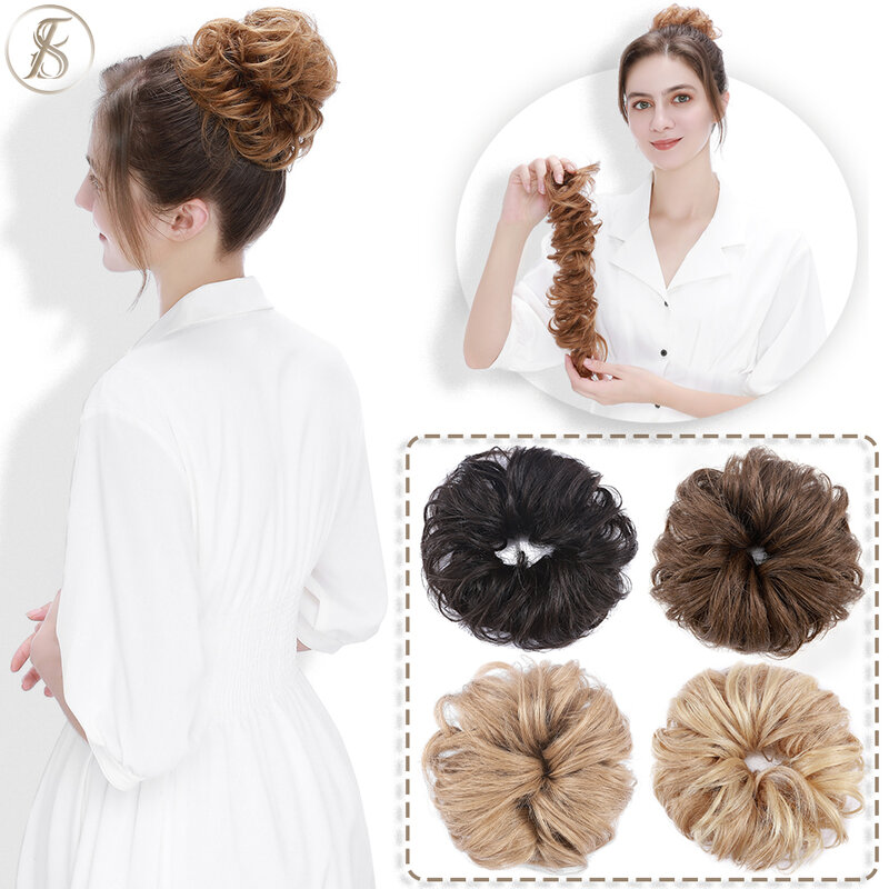 TESS Natural Hair Chignon 32g Human Hair Curly Donut Ring Elastic Band Bun Comb In Wrap Around Fake Hairpiece Women Accessories