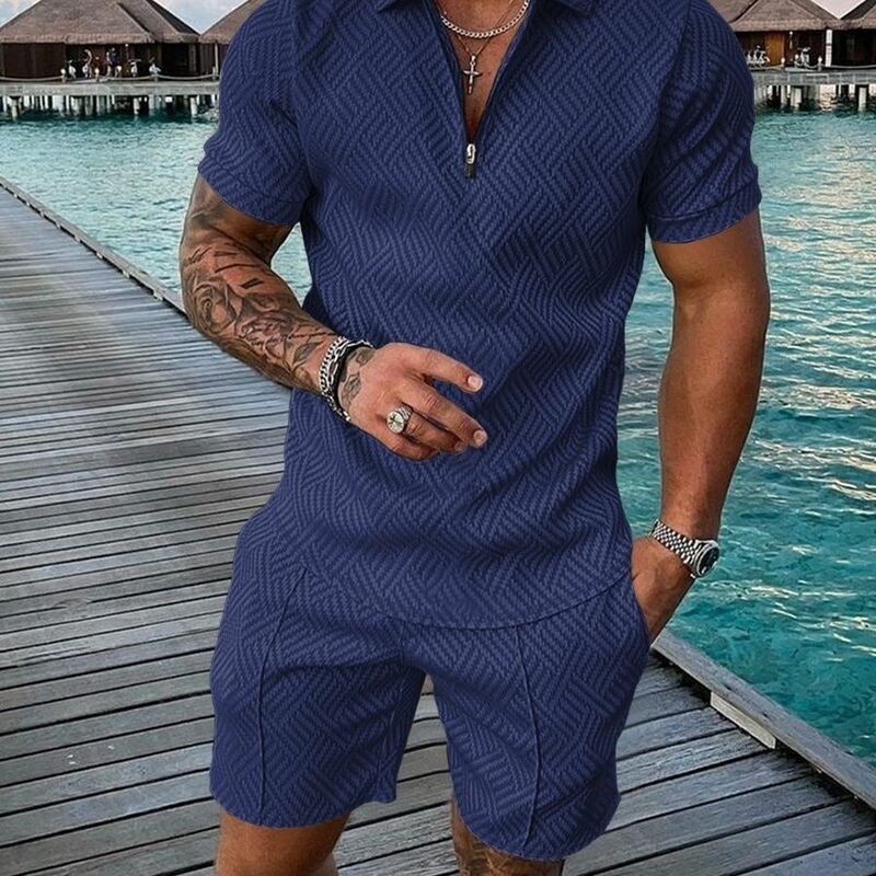 New Arrival Men's Sets  Solid Color Casual Zipper Stand Collar Short Sleeve Suit for 2024 Fashion