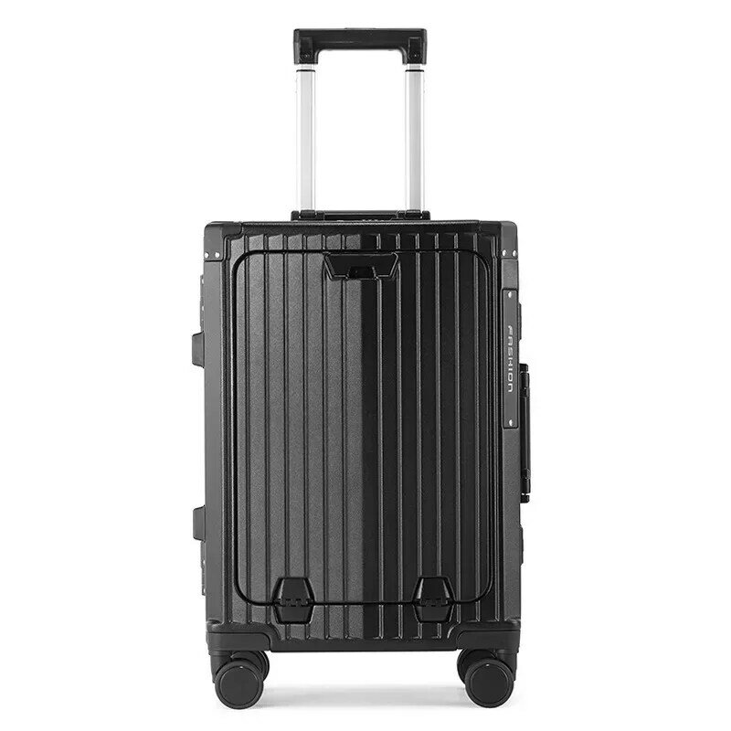 20 Inch Aluminum Frame Suitcase Trolley Box Multifunctional Front Open Lid Travel Box Universal Wheel Luggage Folding Cup Holder