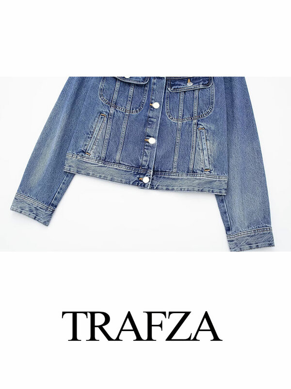 TRAFZA-Casaco jeans de gola virada para baixo feminino, jaqueta solta, cardigã chique, blusa casual feminina, moda, emenda, primavera, 2022
