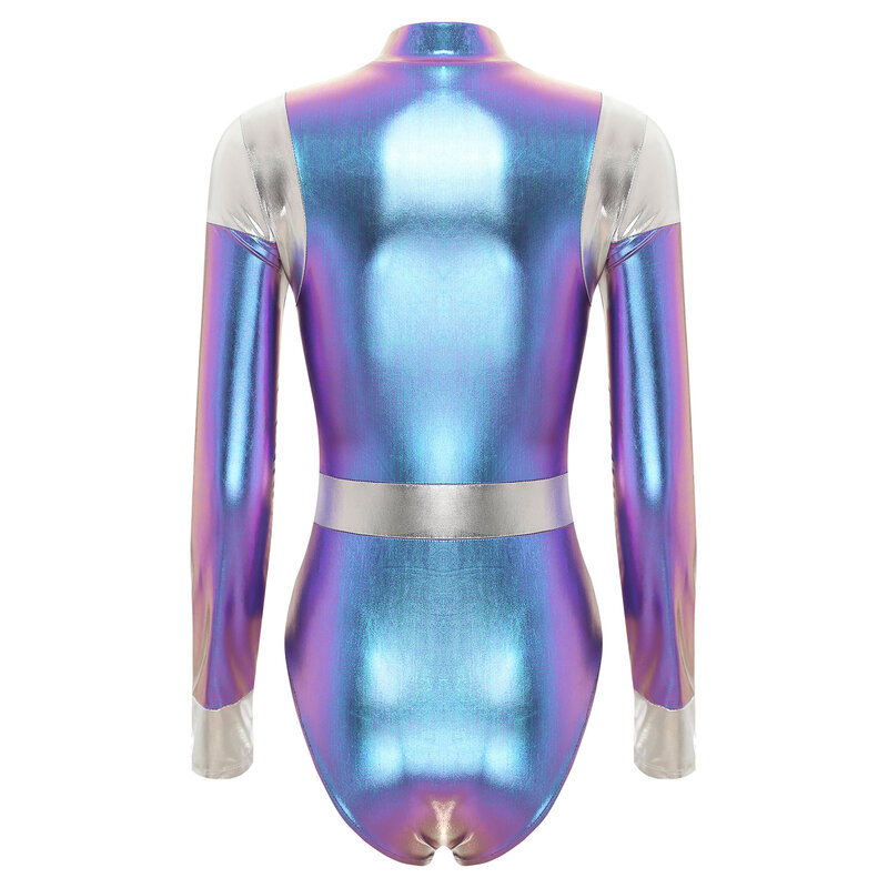 Damen Skinny Bodysuit Mock Neck Langarm Trikot Catsuit Metallic glänzenden Overall Halloween Space Astronaut Cosplay Kostüme