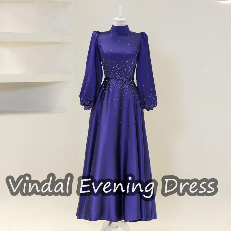 Vindal Ruffle Scoop Necklin Ankle Length A-Line Evening Dress Elegant Built-in Bra Saudi Arabia Long Sleeves Satin For Woman
