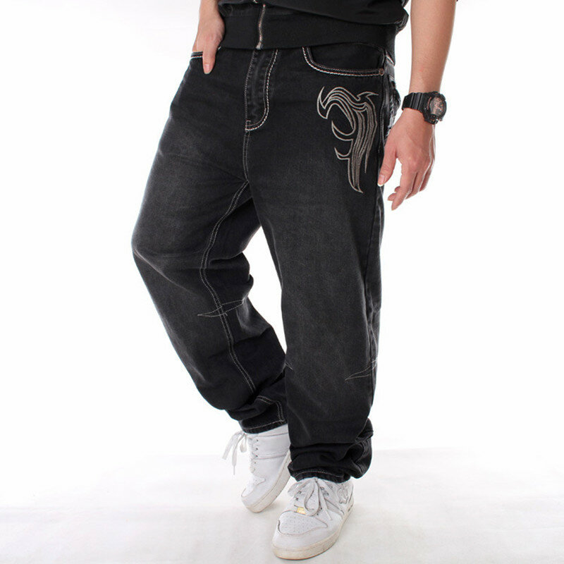 جينز هيب هوب للرجال ، بنطلون جينز أسود فضفاض مناسب ، جينز صيفي ، مقاس كبير ، Y2K
