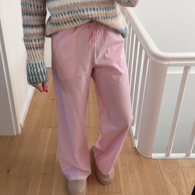 Combhasaki-Pantalones rectos holgados para mujer, pantalón Y2K de S-XXL Cleanfit a rayas, cómodos e informales, con cordón en la cintura, para estar en casa