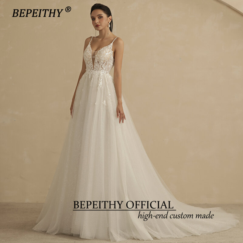 BEPEITHY-vestidos de novia de encaje con tirantes finos y cuello en V para mujer, vestido de novia bohemio sin mangas, 2022