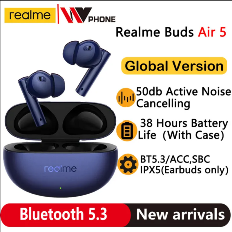 Realme Buds Air 5 Versão Global Fone de Ouvido TWS, Cancelamento de Ruído Ativo, 50dB, Bateria de 38 Horas, IPX5, Bluetooth 5.3