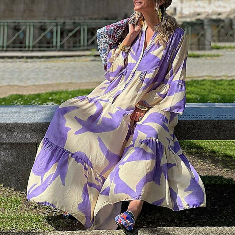 فستان نسائي طويل بنمط بوهيمي ، فستان ماكسي مع طباعة مطابقة الألوان ، خليط مطوي ، كبير الحجم ، الصيف