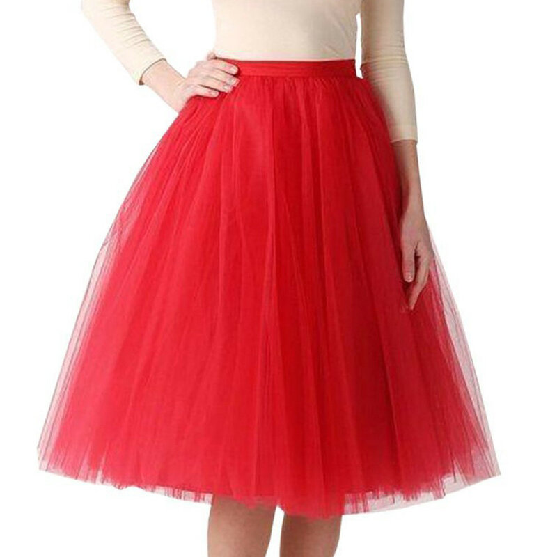 Women's Pleated Knee Mid Length Tutu Mesh Mini Puffy Tutu Dancing Skirts Solid Color Elastic Waist Fashionable Half Bodies Skirt