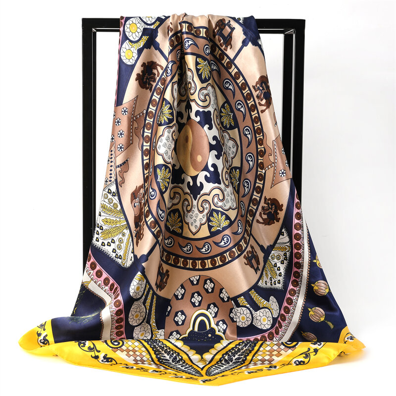 Retro imitação de seda lenços de luxo designers cachecol cetim bandanas para mulheres seda faixa de cabelo hijab lenço saco 90*90cm