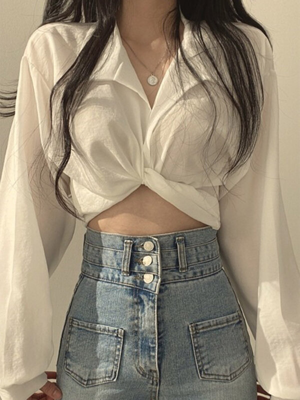 빈티지 하라주쿠 섹시 여성 블라우스 크롭탑, 한국 스타일 트렌드, 블랙 화이트 긴팔 셔츠, 여성 튜닉 시크