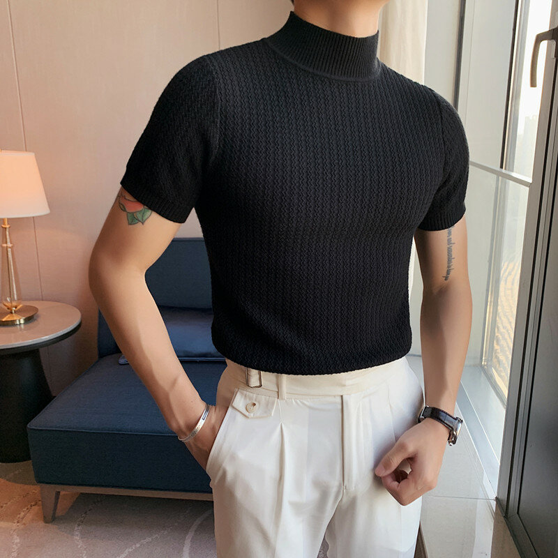 Summer Mens Short Sleeve Knitted Sweater Men Clothing Solid All Match Slim Fit Stretched Turtleneck Casual Pullovers Sweater