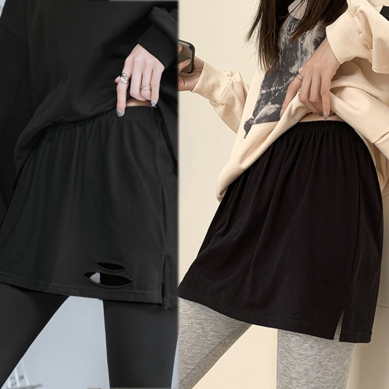 Minifalda negra extensora camisa media longitud para mujer, con parte superior falsa dividida, falda barrido inferior,