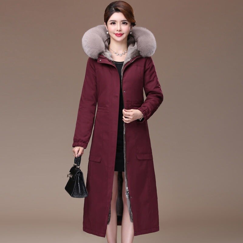 Mantel bulu palsu musim dingin wanita, jaket Luaran bertudung tebal bagian dalam bisa dilepas bulu Mink di bawah lutut 2023