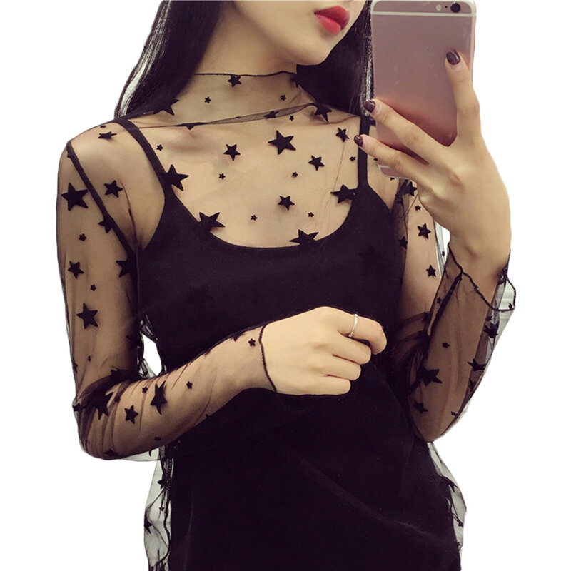 Women Fashion T-Shirts Mesh Sheer Party Long Sleeve Blouses exy sheer Fishnet See Through Transparent Top Lace Top Blouse
