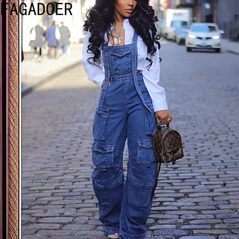 FAGADOER Fashion Strap Jeans Jumpsuits Women Strap Sleeveless Hollow Pocket Cargo Pants Playsuit Female Denim Overall Streetwear