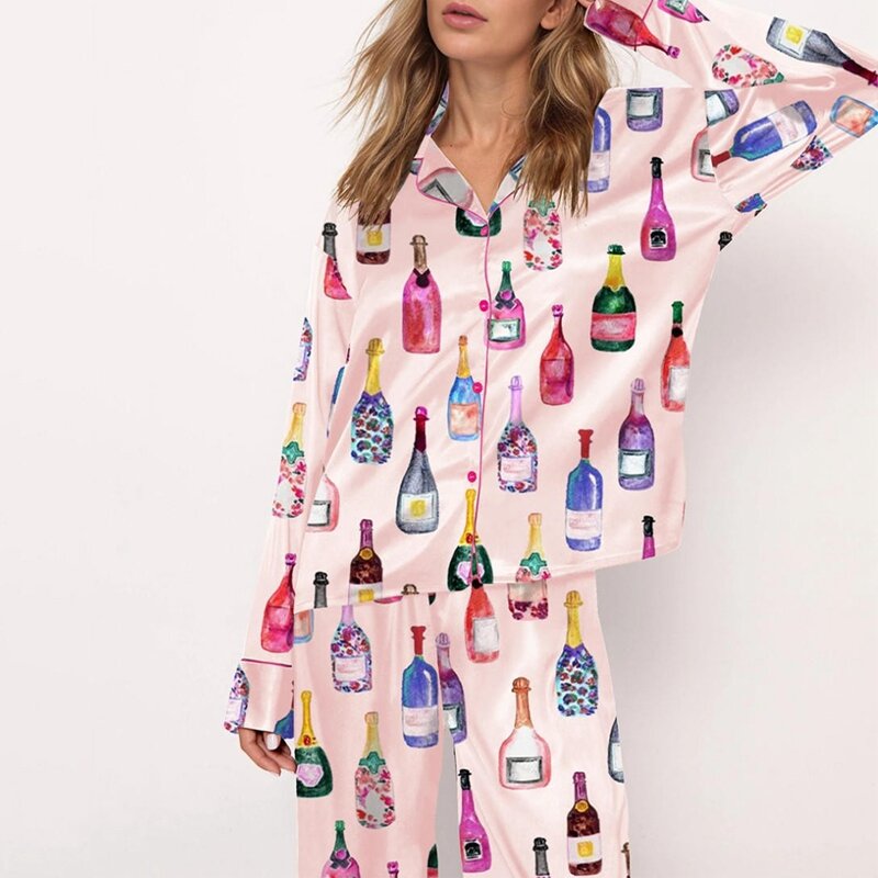 Conjunto de pijama feminino de 2 peças, estampa champanhe, manga curta, camisa de botão, tops e shorts, loungwear doméstico, roupas de dormir