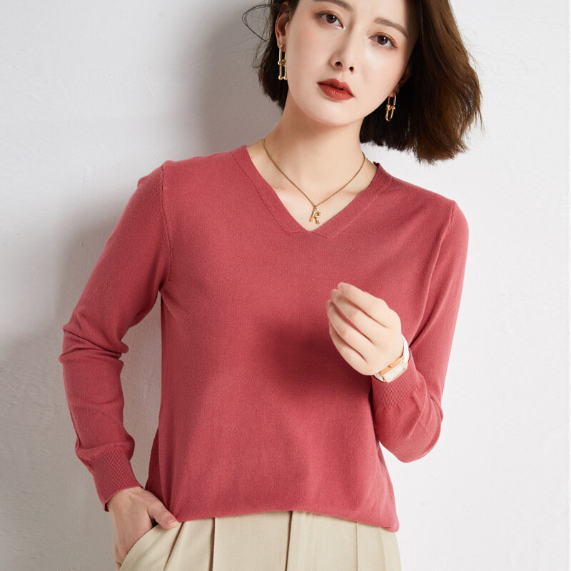 MRMT Sweater wanita lengan panjang, Sweater Wanita dasar warna Solid sederhana untuk pemakaian luar leher V 2024