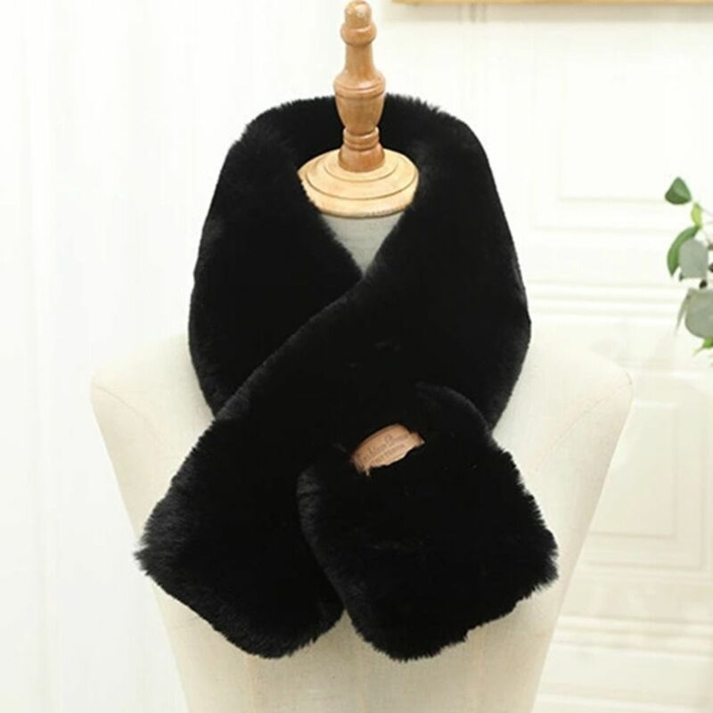 Faux Rabbit Fur Plush Cross Scarf Korean Version Autumn Winter Neck Warmer Collar Scarf Women Solid Color Thickened Soft Scarves
