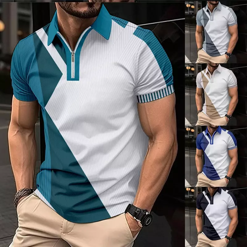 Camiseta polo combinando colorida masculina, camiseta de manga curta lapela fina, pulôver de zíper golfe, camisa casual empresarial, moda verão