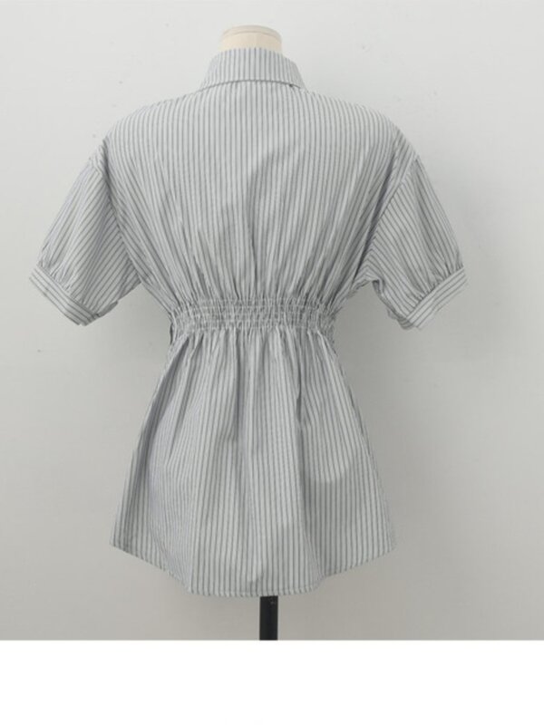 Conjunto de 2 peças para as mulheres, camisa listrada, solta, perna larga, calças curtas, algodão coreano, casual, verão