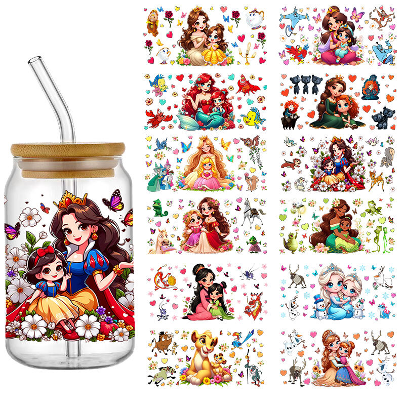Cartoon 16Oz Prinses Moeder Dag Uv Dtf Cup Wraps Transfer Sticker Voor Glas Libbey Kan Zelfklevend Wasbaar Diy Custom