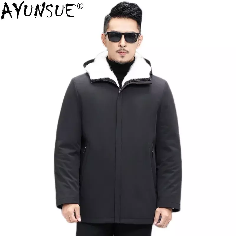 AYUNSUE Real Fur Parka Men's Winter Jackets High Quality Cross Mink Fur Liner Fur Coat Men Luxury Hooded Fur Jacket Warm Parkas