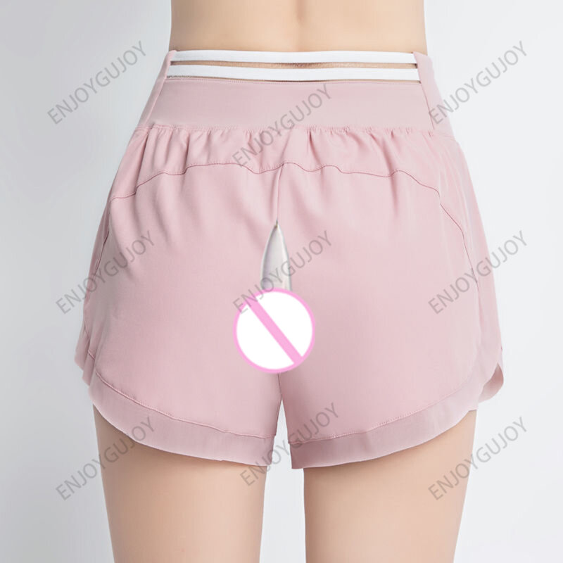 Летние женские шорты для упражнений с открытой промежностью, уличные сексуальные штаны для фитнеса, поддельные свободные быстросохнущие штаны из двух частей для бега