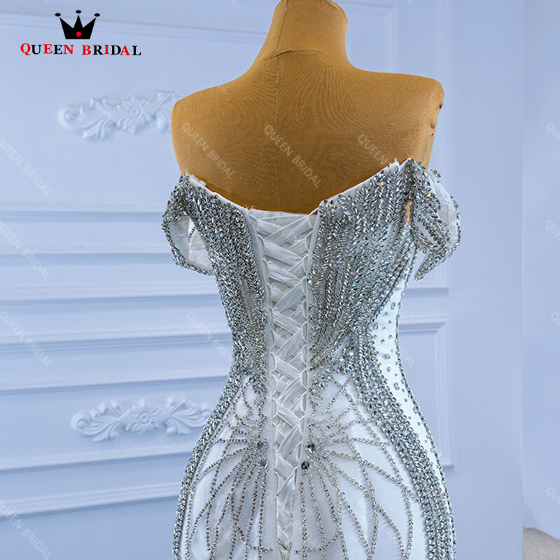 Vestido de novia de sirena con diamantes de imitación y cristales, hombros descubiertos, cuello en V, XX52, hecho a medida