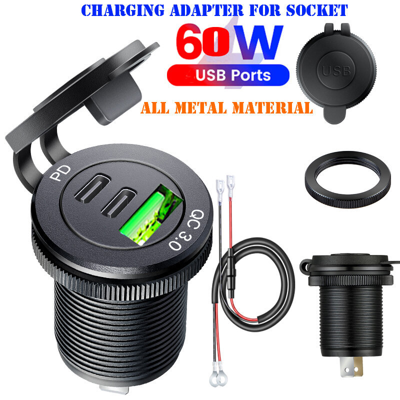 Adaptador impermeável de saída USB C, carregador de soquete USB do carro embutido, energia para barco e motor marinhos, tipo PD e QC3.0, 12V, 24V